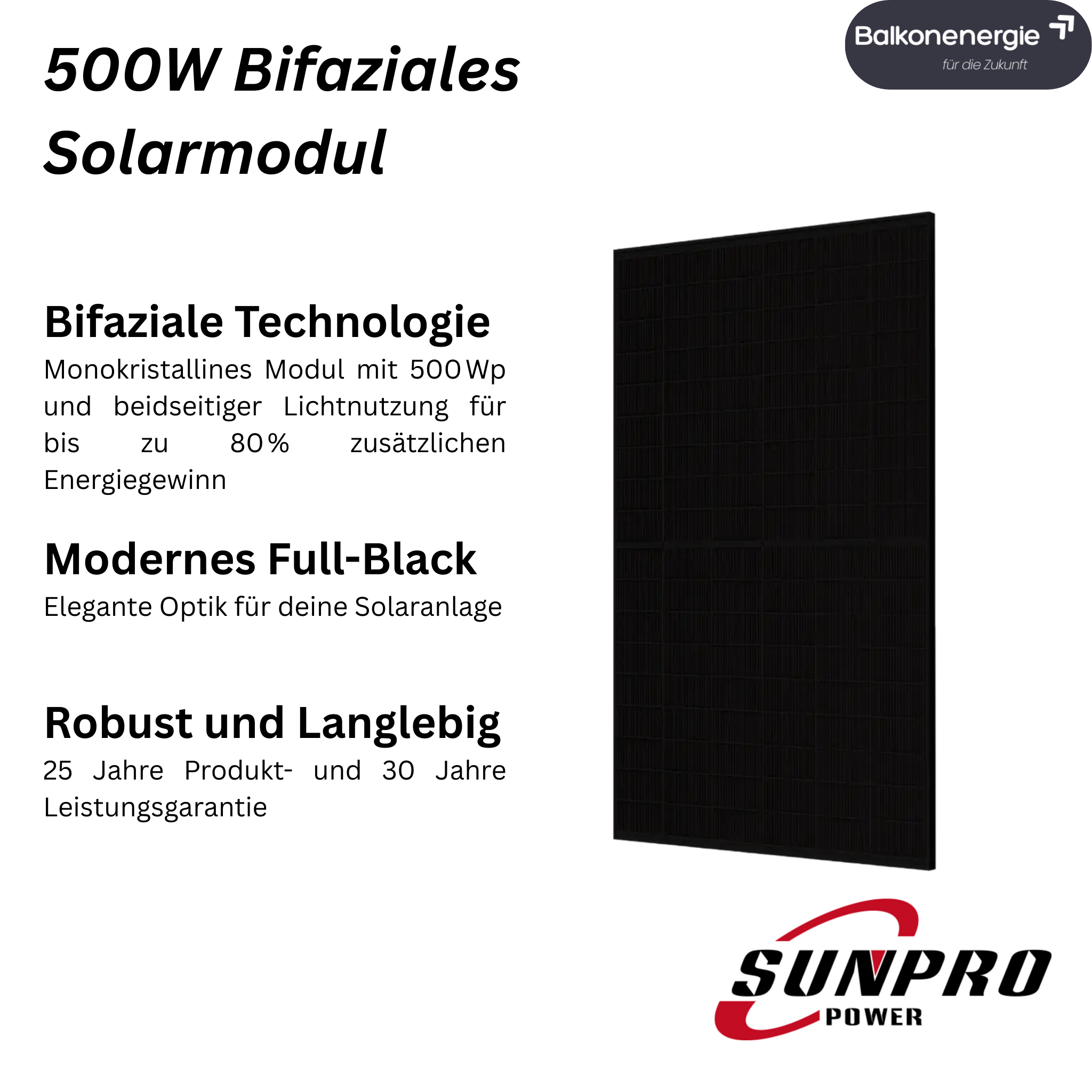 SUNPRO 500 W Bifacial Glas/Glas Solarmodul - Balkon - Energie