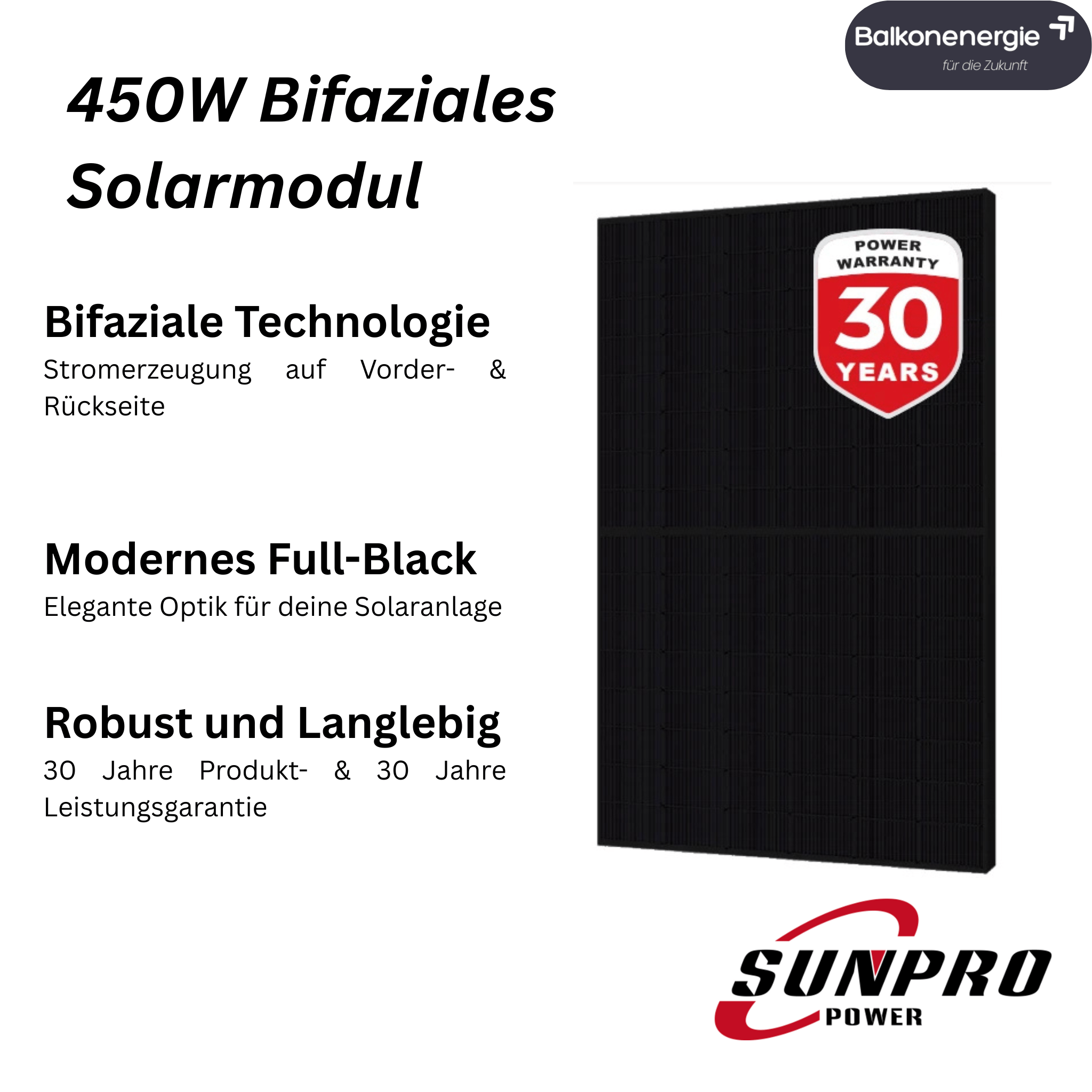 SUNPRO Power Glas 450 W Bifacial Full Black - Balkon - Energie